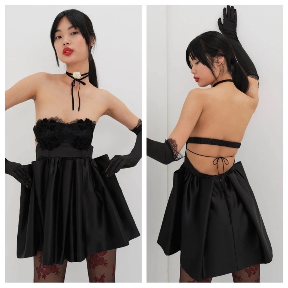 NWT For Love & Lemons Virginia Satin Lace Babydoll Strapless Dress with Gloves M
